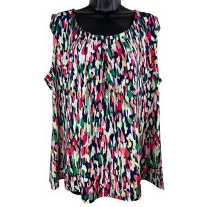 Jones Studio Blouse Womens Plus Size 1X Sleeveless Pink Green Yellow Stretch Top